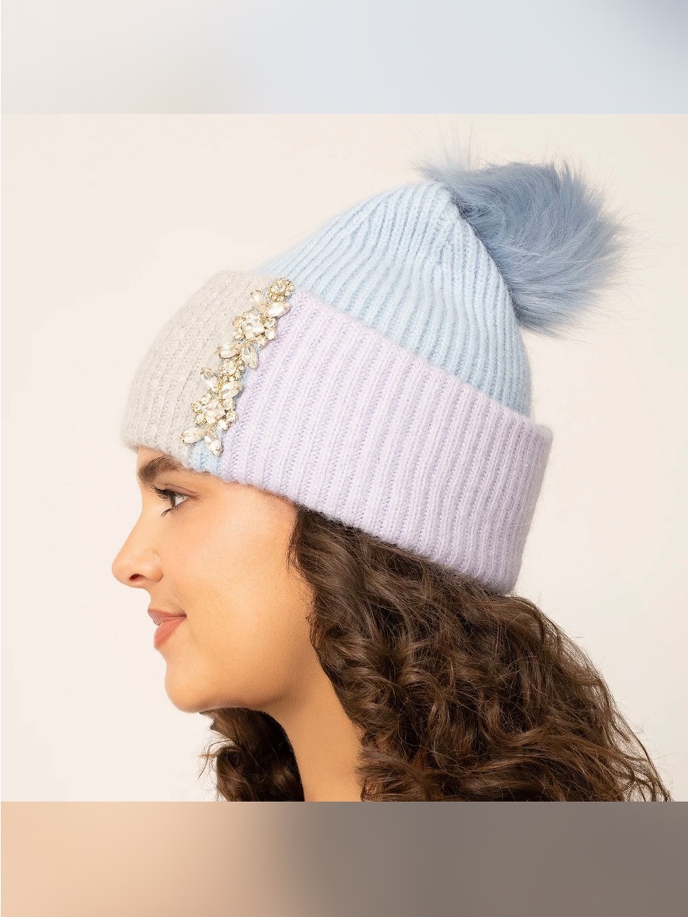 NWT Adrienne Landau colorblock Pom Beanie Winter Hat with Jewel Trim, MSRP 95$